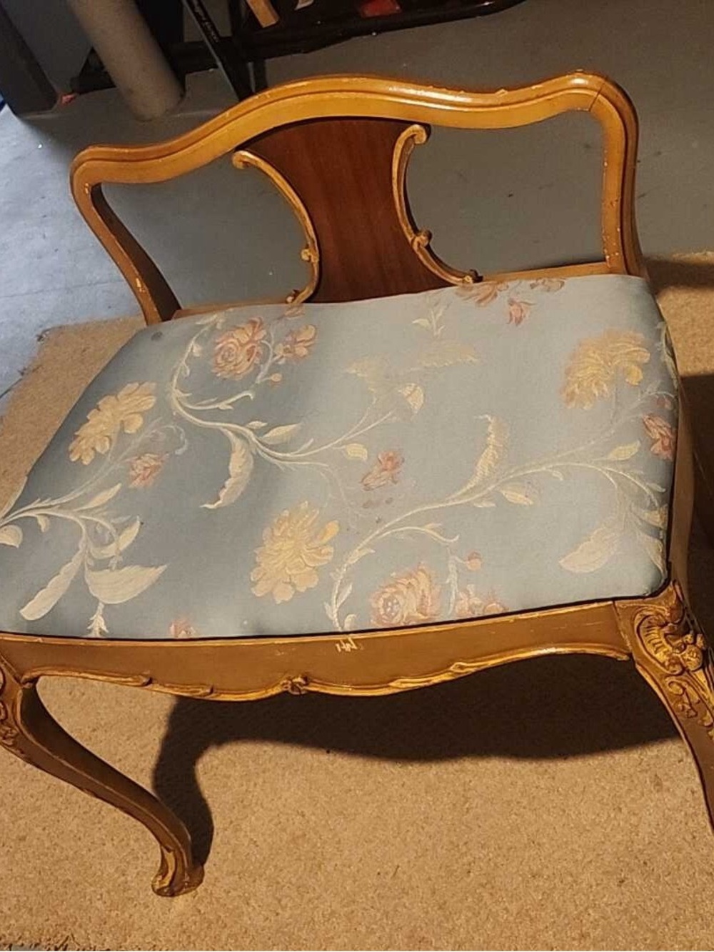 Floral Light Blue Upholstered Accent Bench with Carved Wood Frame